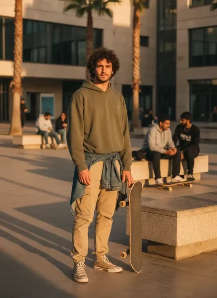 רוכב סקייטבורד עם לוח ביד, רחוב עירוני בישראל