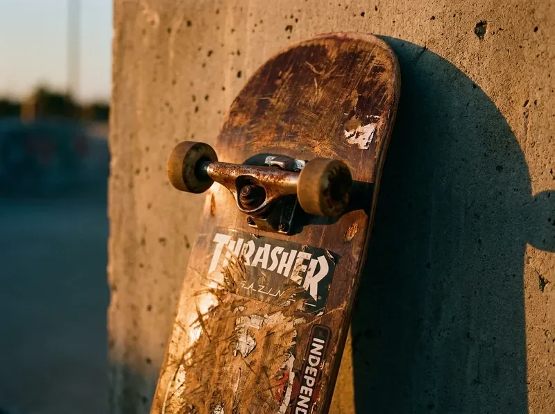קרש סקייטבורד ישן משעין על קיר בטון — אווירת רחוב אותנטית