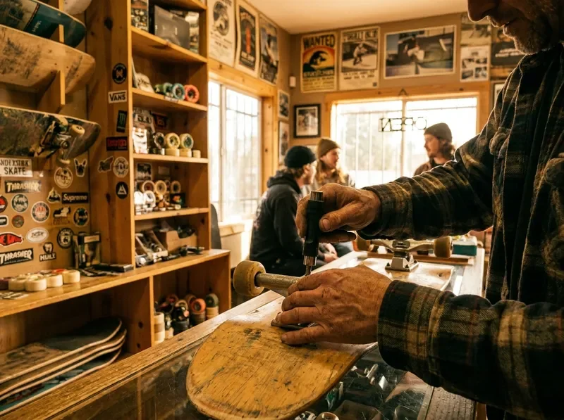 ידיים מכווננות טראקים על סקייטבורד בחנות עצמאית