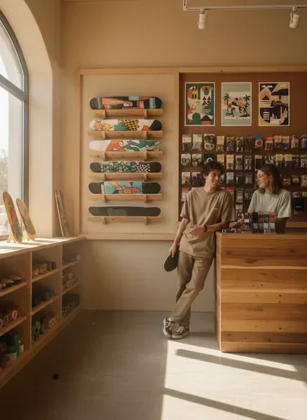 פנים חנות הסקייטבורד ZY SKATE CLUB — אווירה חמה וקהילתית