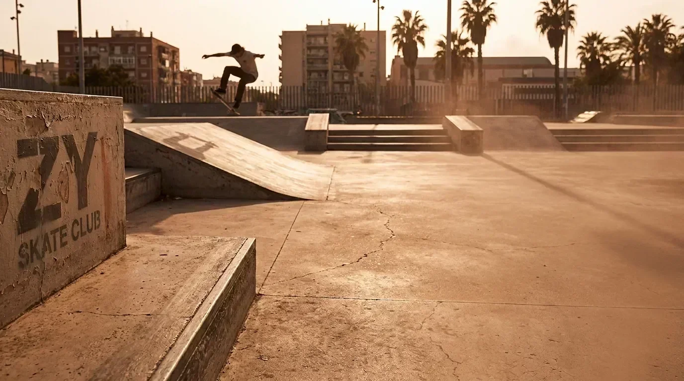 סקייטר בפעולה בפלאזת סקייט בטון בשעת הזהב